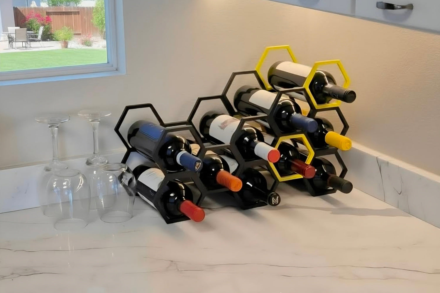 Wine rack with bottles on a kitchen counter